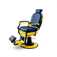 Fauteuil de barbier hydraulique vintage bleu et jaune, 360° °   Fauteuil de salon pivotant et inclinable en cuir PU matelassé pour hommes, pour la coupe de cheveux