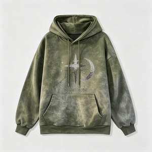 Felpa con Cappuccio Streetwear Dirty Spray da Uomo, Effetto Vintage, Stampa Grafica <span class=keywords><strong>Notte</strong></span> Stellata con Luna e Strass, Pullover, Vendita Diretta dalla Fabbrica - Product Image 3