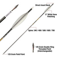 Flèche en carbone, Spine 340-700, Diamètre intérieur 6,2 mm ±0,001, Rectitude 125, Pointe de chasse 125 grains, Plumes blanches 5 pouces, pour le tir à l'arc de chasse et de cible