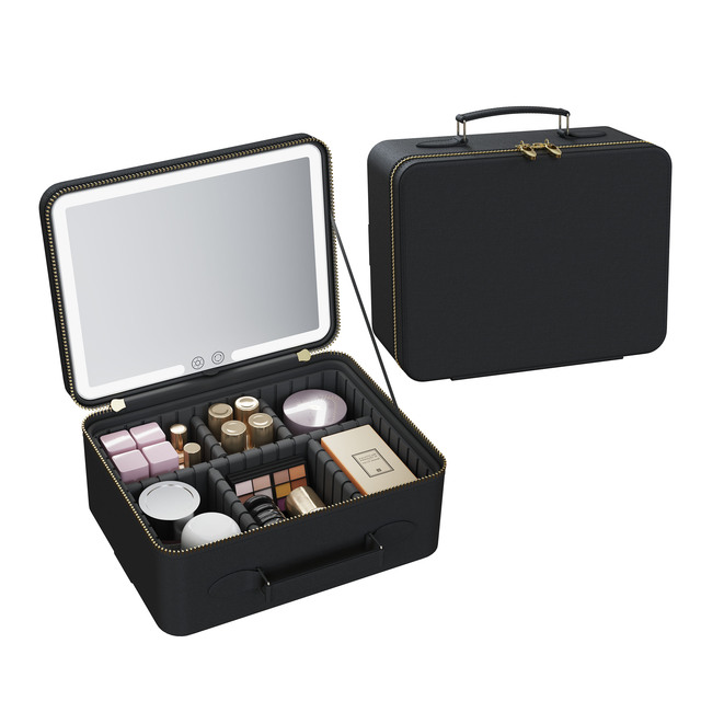 3 Color Lighting Folding Portable Cosmetic Make up Pu Leather Lighted Vanity Travel Makeup Bag Case With Led Light Mirror