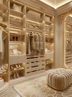 Système de dressing de luxe de style français avec îlot central et vitrine en verre, sur mesure pour chambre principale de villa