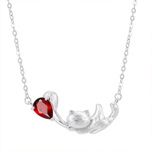 9 Colliers pour filles en argent sterling 925 plaqué rhodium, avec pierres naturelles taillées en poire de 5*7mm, finition mate brossée, motif chat mignon - Product Image 1
