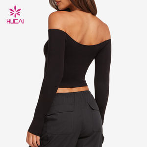 HUCAI Kaos Yoga Lengan Panjang Model Off <span class=keywords><strong>Shoulder</strong></span> Bahan Ringan 75% Nilon 24% Spandex untuk Wanita - Product Image 2