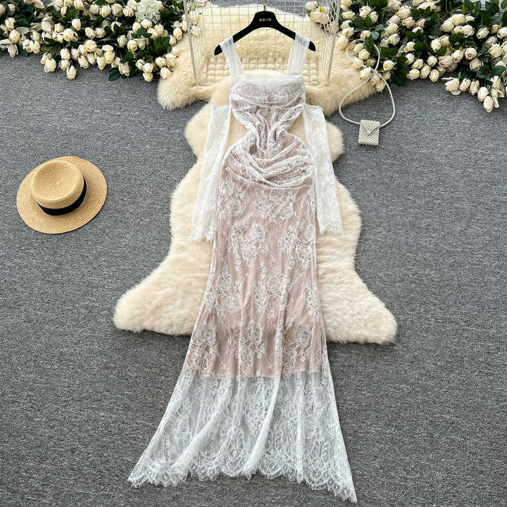 y2k winter dress Slim Casual Midi for Women Long Sleeve Empire Lace Dress White Machine wash cold Do Under £70 PromGirl Simple Short Tight Size:L petite