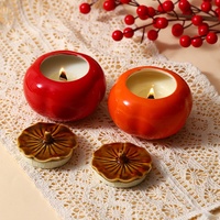 Bougie d'aromathérapie de luxe en cire de soja, parfum créatif kaki, fruit réaliste, en céramique, sans fumée, avec mèche en bois, en forme de boîte à thé