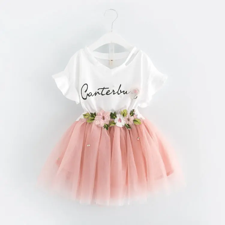 Koreanische Art Smocked Kinder kleidung Floral White 2 Stück Set T-Shirt Tüll Rock Sommer Baby Girls Sets