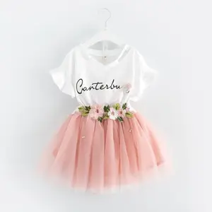 Koreaanse Stijl Gesmokte Kinderkleding Bloemen Wit 2 Stuks Set T-shirt + Tule Rok Zomer Baby Meisjes Sets