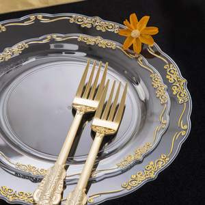 ชุดจานสีทองลายดอกไม้ชุบทองนูนสูง,ชุดอุปกรณ์อาหารเย็นแบบตะวันตกพร้อมชุดจานและจานรอง - Product Image 5