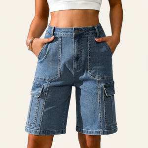 2026 Wholesale Women's Shorts High Waist Stonewashed Denim Cargo Shorts With Pockets Casual Breathable Regular Fit Shorts ODM - Product Image 1