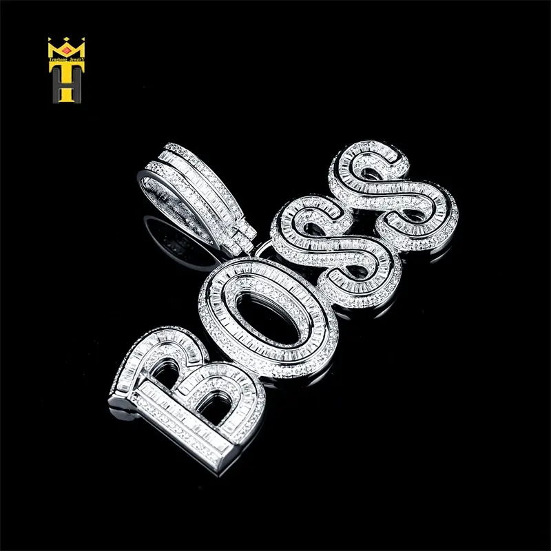 Hip hop popular baguette zircon BOSS large letter silver letter pendant