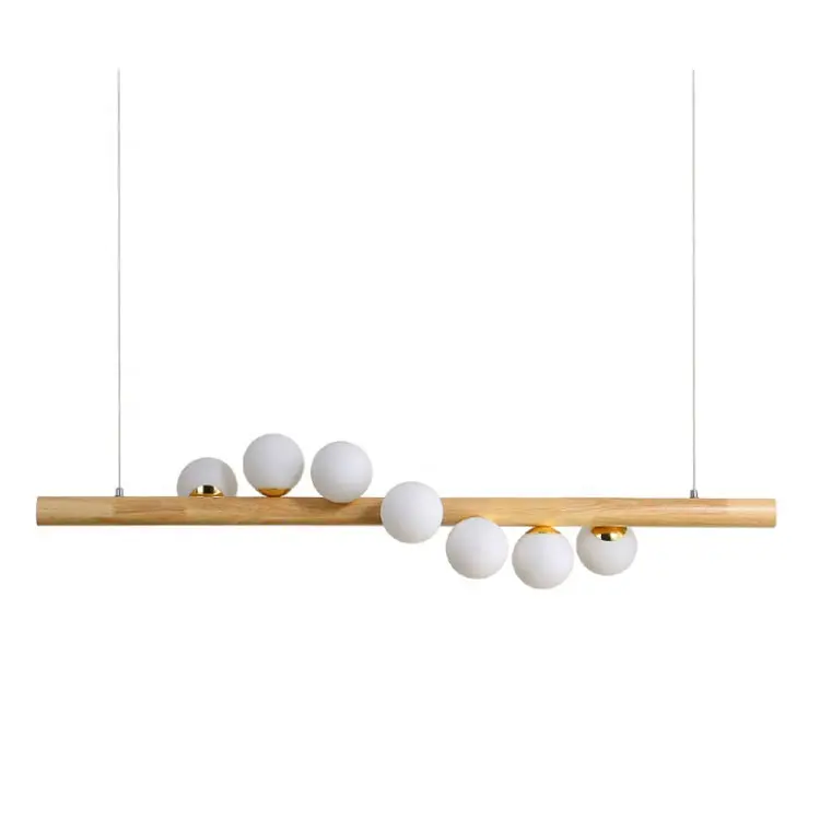 Luminária pendente linear de madeira contemporânea, 5 luzes de vidro, iluminação pendente, para teto