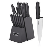 Ensemble de couteaux de chef Kuisine en acier inoxydable à haute teneur en carbone, 15 pièces, avec bloc à couteaux, aiguiseur à couteaux, manche en PP, compatible lave-vaisselle, design moderne