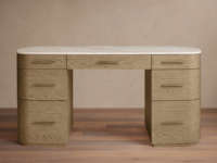 Bureau d'écriture de luxe incurvé avec rangement, plateau en marbre naturel, structure en bois massif, poignées en laiton, bureau pour la maison ou le bureau