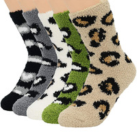 Chaussettes d'hiver chaudes et moelleuses pour femmes, en polaire corail à imprimé léopard, en polyester épais, pour usage quotidien à la maison, vente en gros, faible MOQ, OEM accepté