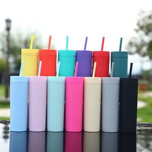 Modern Portable 16 Oz Eco-Friendly Skinny Matte Double Wall Straw Cups With Lids Tumbler Coffee <b>Mug</b> <b>Plastic</b> Bottle - Product Image 1