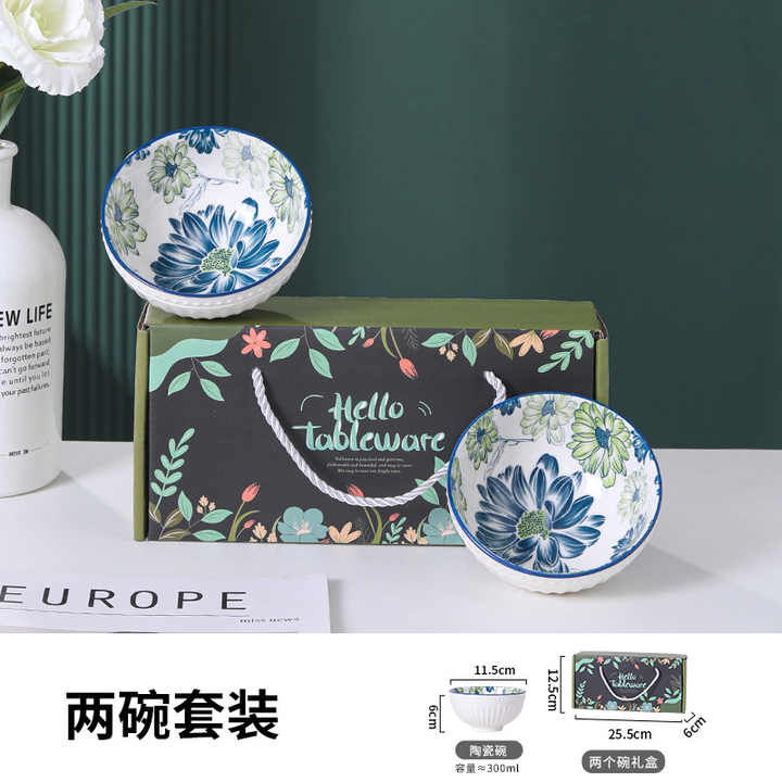 4.5inch Bohemian Ceramic Bowls with Plates Chopsticks Set Moroccan Porcelain Bowl Set Rice Bowl for Gift OEM LOGO