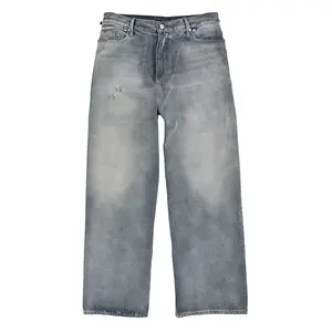 Jeans lurus longgar untuk pria, celana Denim warna polos abu-abu ritsleting 5 saku, celana panjang kasual nyaman klasik