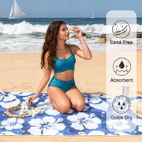 Serviette de plage de haute qualité, fond bleu, fleurs blanches, écologique, séchage rapide, sans sable, en microfibre