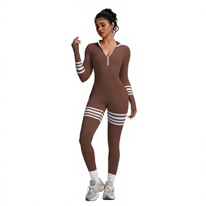 Combinaison pour femme à taille haute, manches longues, couleur unie, col en V, longueur intégrale, respirante, extensible, coupe moderne, tenue de sport - Product Image 1