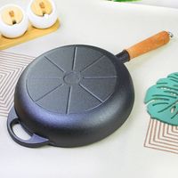 Wajan Penggorengan Pancake Besi Cor Genggam, Alas Multi-Lapisan Komposit, Tutup Kayu, Universal untuk Gas dan Induksi, Tanpa Lapisan Anti Lengket