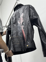 Blouson ample imprimé en PU, finition cirée froissée, style motard sophistiqué et audacieux pour homme, Printemps Automne ; Tendance Niche et affirmée