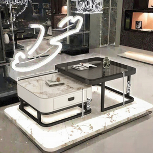 Table basse moderne et écologique avec plateau en verre durable, tiroir de rangement, structure en métal, meubles de salon, hauteur 38 cm - Product Image 3