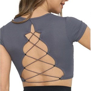 Haut court de yoga d'été personnalisable, respirant et léger, avec bretelles sexy au dos, coussinet de poitrine, manches longues, grandes tailles, coupe ajustée - Product Image 2