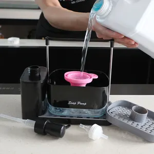 रसोई में हाथों और व्यंजनों के लिए स्वचालित मैनुअल प्रेस स्पंज साबुन तरल पंप डिस्पेंसर कैडी सेट