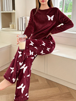 Ensemble pyjama en flanelle 2 pièces pour femme, haut ample à manches longues avec imprimé papillon rêveur et pantalon confortable rouge