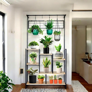 Soporte moderno de metal para flores con ganchos colgantes y estantes de madera para plantas de interior, decoración del hogar - Product Image 5