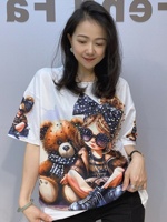 Kaos Wanita LFF-7812/Cross-border Kerah Lebar Lengan Pendek Katun Poliester Musim Panas Fashion Korea Berhias Manik-Manik