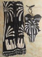 Ensemble maillot de bain une pièce et jupe pour femme STOCK Print, avec liens au cou et perles, maillot de bain et paréo, tenue de plage S-XL