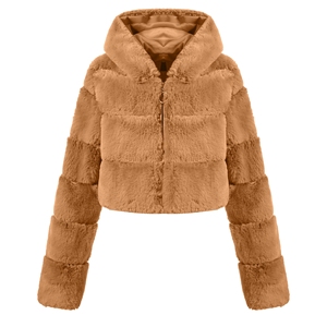 Veste en fausse fourrure à capuche pour femme, sur mesure, style court, manteau patchwork en fausse fourrure de lapin, manteau d'hiver, fournisseur en gros OEM. - Product Image 4