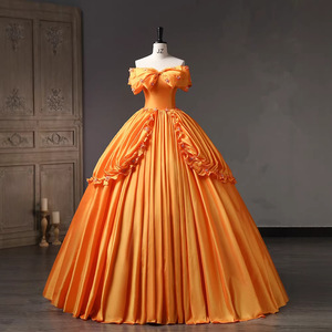 Orange Off The Shoulder Evening Gown Empire Waist 3D Flowers Tutu Skirt For Performances And Ceremonies - Product Image 1