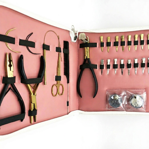Kit professionnel d'extensions capillaires en acier inoxydable : Pince à 2 trous, ciseaux en L, peigne à boucle, petites pinces à cheveux, perles, aiguilles - Product Image 1