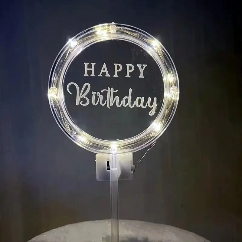 LED akrilik kek Topper geometri yuvarlak mektup kek Toppers mutlu doğum günü düğün parti Cupcake Toppers