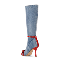 Bottes en jean pour femmes à bout ouvert, hauteur genou, avec boucle rouge décorative, fermeture éclair latérale, talon aiguille, pour soirée et mode
