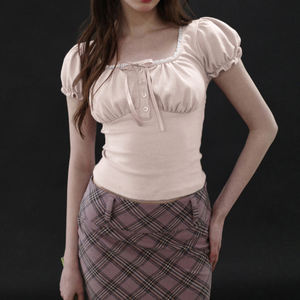 Top Corto Sexy y Lindo con Volantes Rosas y Mangas Abullonadas para Mujer, Camiseta de Manga Corta Ajustada Estilo Dulce Chica Y2K INS Kawaii Casual Chic - Product Image 4