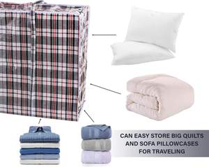 Tas Penyimpanan Anyaman Plastik Besar Bermotif Kotak-kotak dengan Pegangan Resleting, Tas Pindahan Lipat untuk Pakaian, Sprei, Bantal - Product Image 3