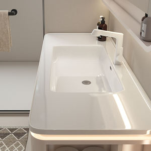 Meuble-lavabo flottant blanc crème personnalisé en gros avec coins arrondis, miroir LED et design compatible robot aspirateur - Product Image 6