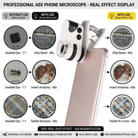 Objectif de microscope pour téléphone portable OEM ODM 60X, loupe macro universelle rechargeable à LED avec clip pour l'inspection de bijoux et d'électronique