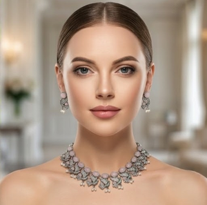 DIVYORO Ensemble de collier artisanal en forme d'oiseau rose pastel, finition oxydée, ensemble de bijoux élégants de créateur avec boucles d'oreilles, bijoux de mode - Product Image 4