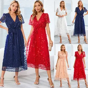 <span class=keywords><strong>Abiti</strong></span> da donna con scollo a v e paillettes a maniche corte cintura da donna ricamata in garza luminosa vestiti <span class=keywords><strong>estivi</strong></span> Midi abito lungo Casual da festa - Product Image 2