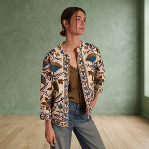 Veste en coton brodée Suzani grande taille, broderie florale, manteau court pour l'automne et l'hiver, pour femmes - Product Image 1