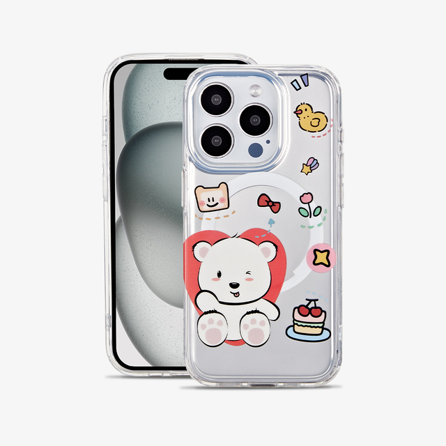 Lovely Japanese Korean Style Fashion Cute Bear Magnetic Shockproof IMD Transparent Multi Colors Phone Cases for 16 15 14