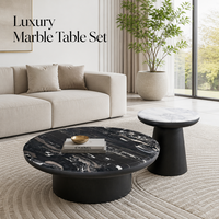 Ensemble de tables basses rondes en marbre noir et blanc - Meubles de salon modernes de luxe
