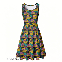 Robe patineuse sans manches pour femme, style artistique rétro, imprimé patchwork, coupe trapèze, robe d'été, mini-robe à motifs multiples