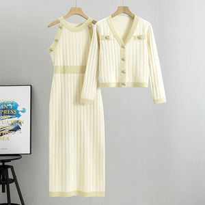 Conjunto de Suéter Tejido para Mujer, Vestido Azul con Cuello en V y Cárdigan de Manga Larga, Atuendo de Moda Otoñal - Product Image 2