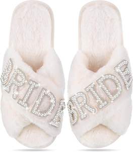 Pantoufles en peluche blanc chaud bout ouvert confortable moelleux je fais perle mariée pour les femmes - Product Image 1