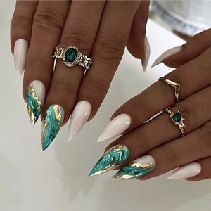 24 <span class=keywords><strong>faux</strong></span> ongles en acrylique à presser, motif floral <span class=keywords><strong>pastel</strong></span> estival, doré pailleté, forme amande, 3261 - Product Image 5